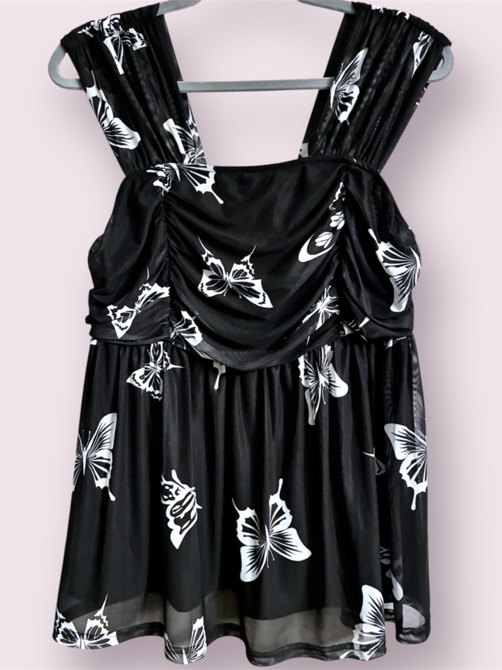 🦋🖤 Free Kisses Black Butterfly Print Babydoll Top Size 1X XXL Soft Stretch y2k